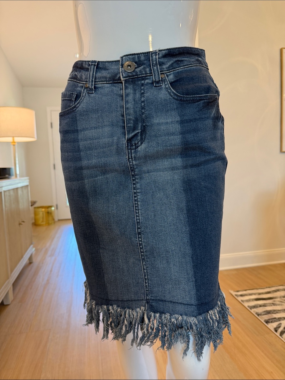 Dark Blue Denim Fringe Hem Pencil Skirt